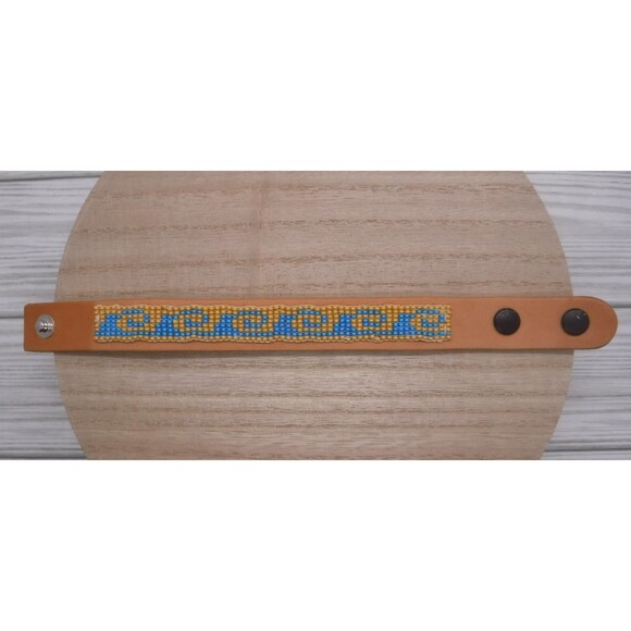 Loom Beaded Bracelet Teal & Tan Wave on Leather - Picture 2 of 5